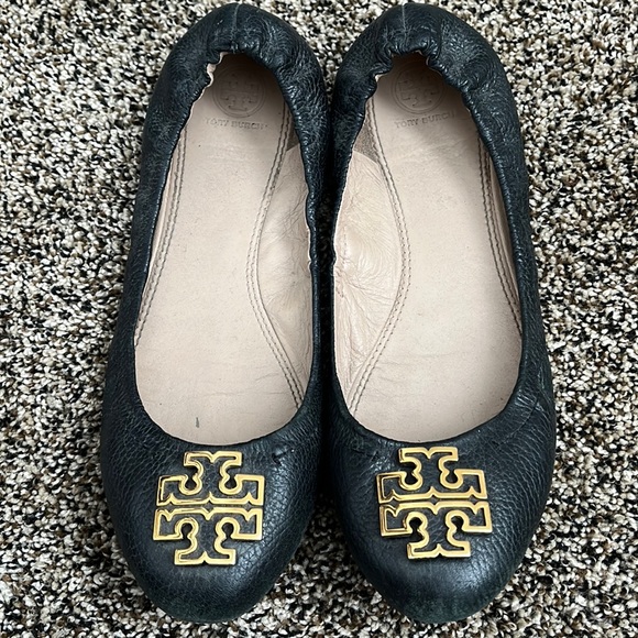 Tory Burch Shoes - Tory Burch Gold Logo Melinda Black Leather Flat, worn